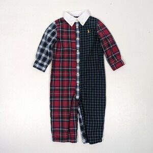 Ralph Lauren Romper Baby Boys Size 12m Mixed Plaid Button Down Collar Holiday